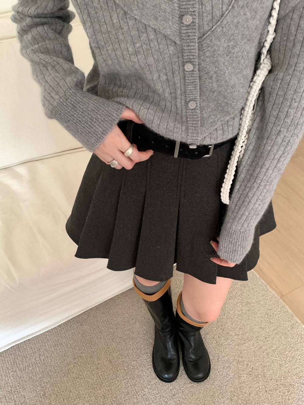 Kelly Designs Thick Pleated Mini Grey Skirt with Belt (Instock)