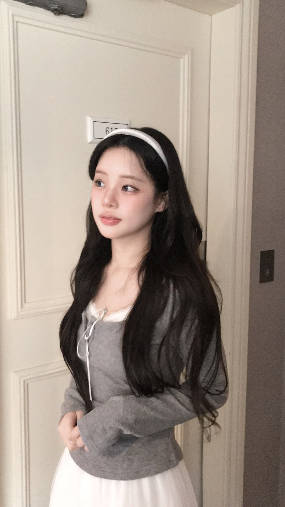 Korean Beauté Ribbon Shirring Top - Grey (Instock)