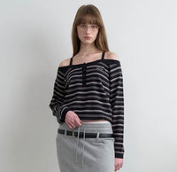 Rolarola Stripe Off Shoulder Strap Knit Top – Black (Instock)