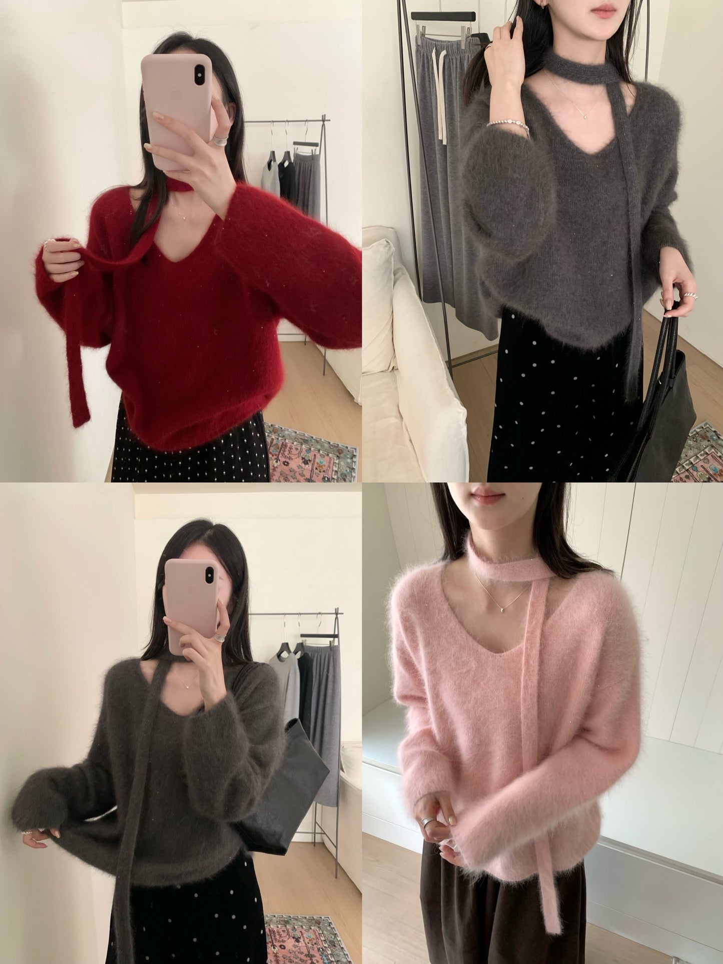 Kelly Designs Soft Mink-Touch V-Neck Knit Sweater with Matching Scarf Tie (Instock)