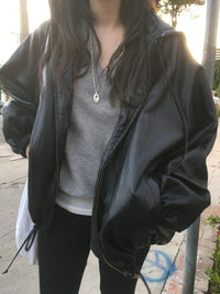 Korean Vintage Hooded Faux Leather Jacket (Instock)