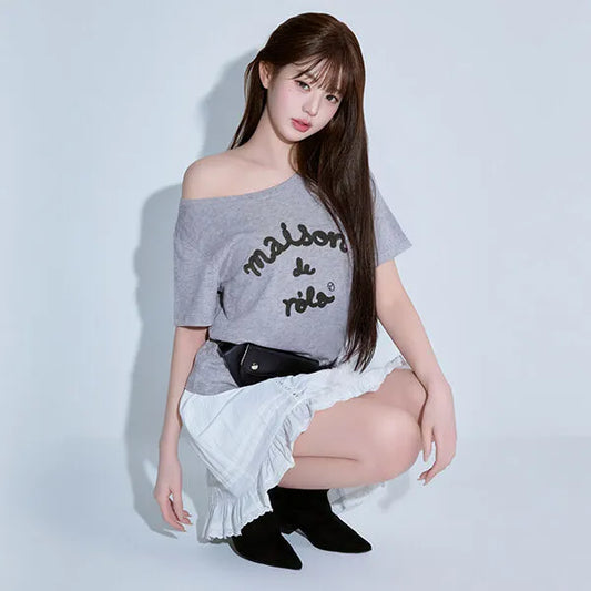 Rolarola Embroidery Off Shoulder Tshirt Off Grey (Instock)