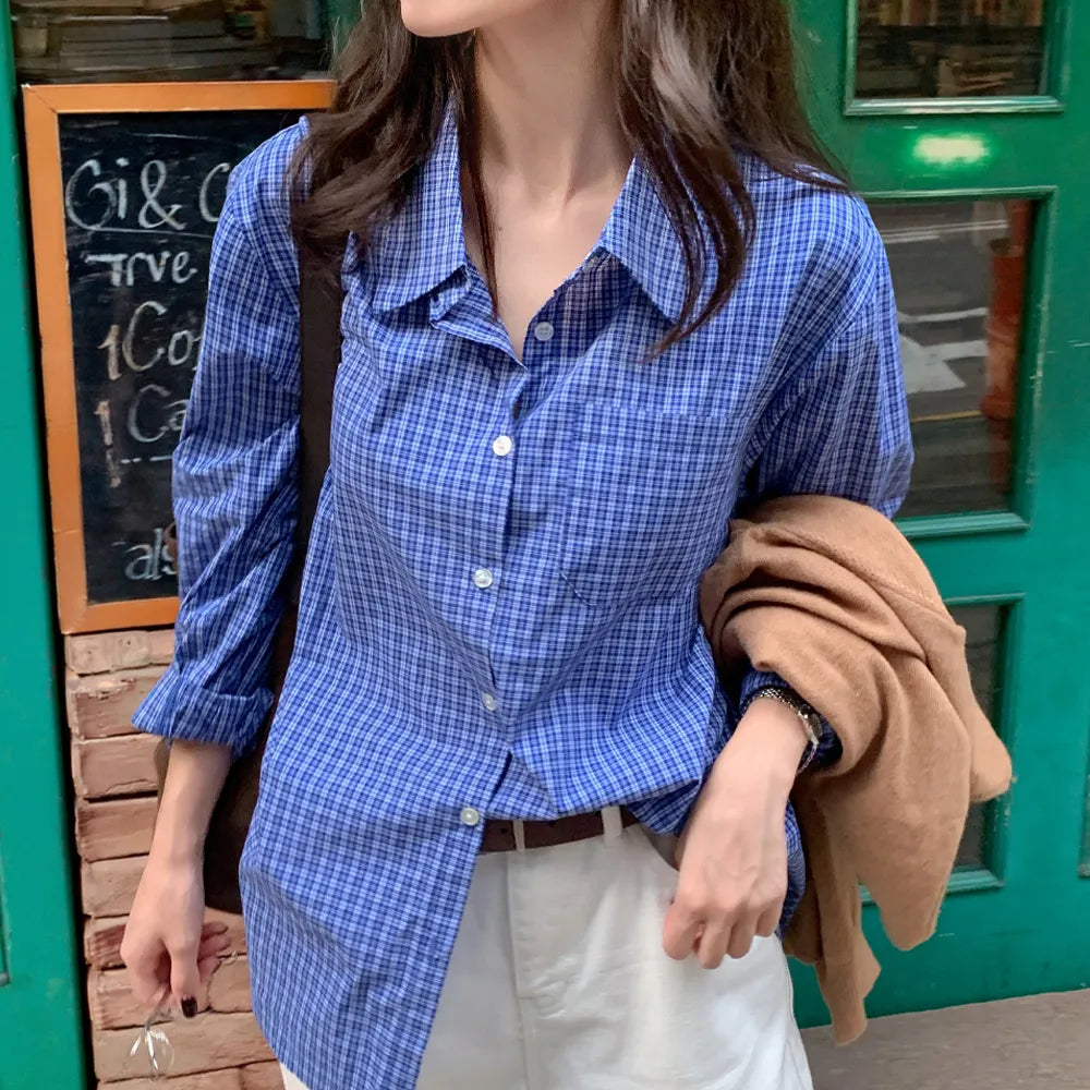 Korean Collection Mellow Check Shirt – Dusty Blue (Instock)