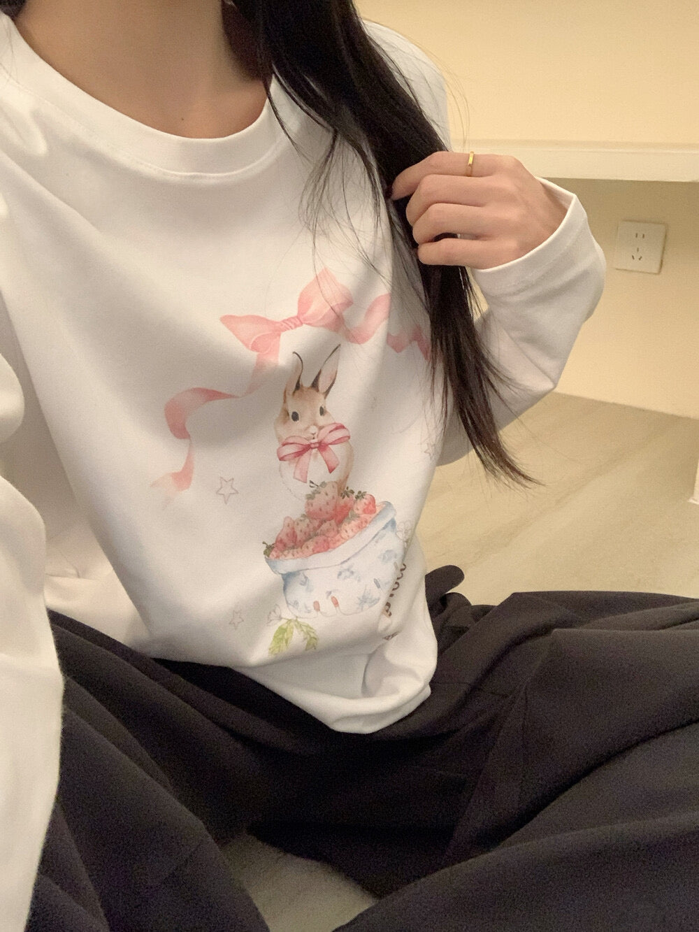 Kelly Designs Brushed Cotton Long-Sleeve Tee – Bow Strawberry Bunny Print (Instock)