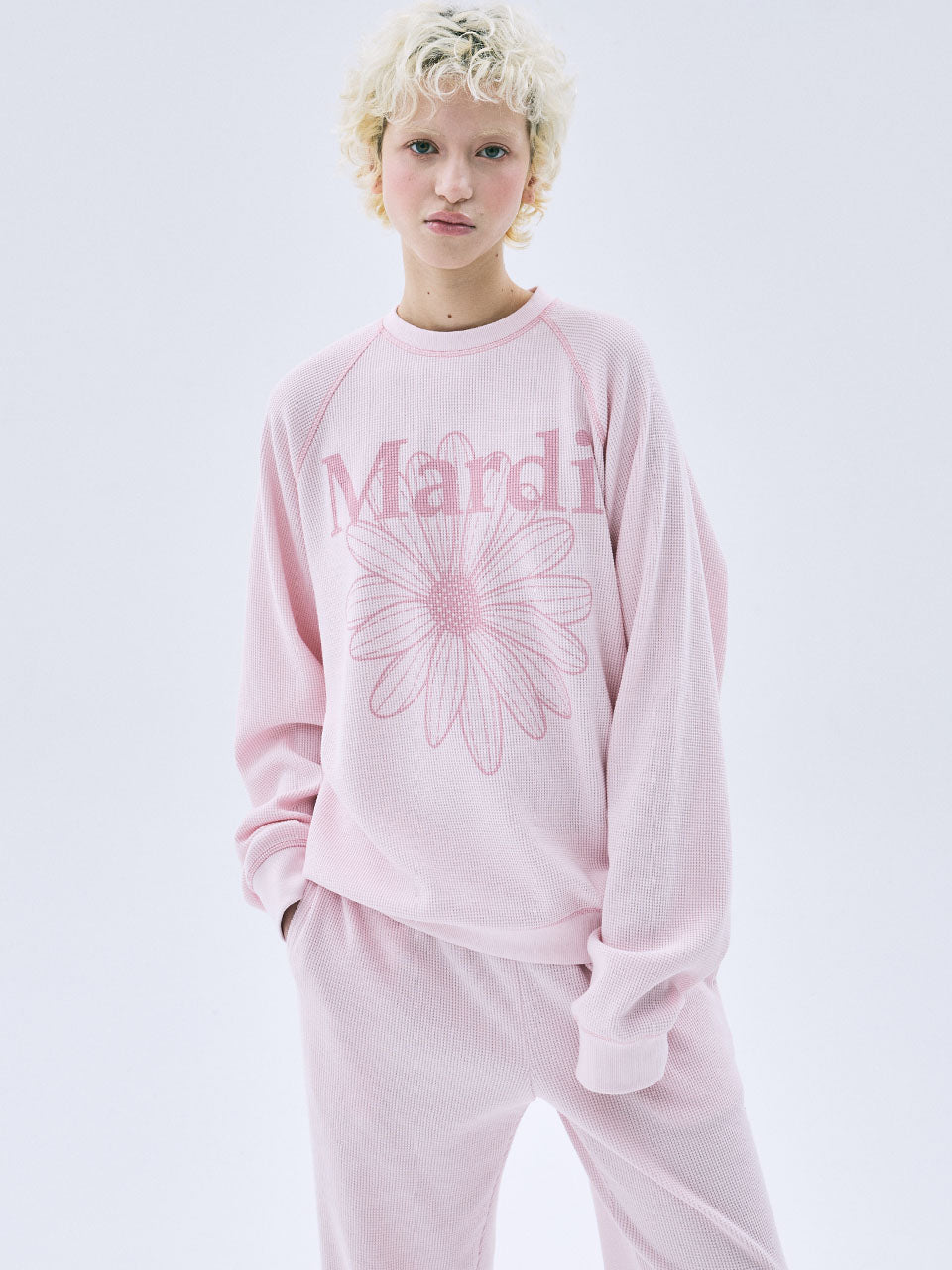 Mardi Mercredi WAFFLE SWEATSHIRT OFF SHOULDER FLOWERMARDI_PINK PINK  (Preorder)