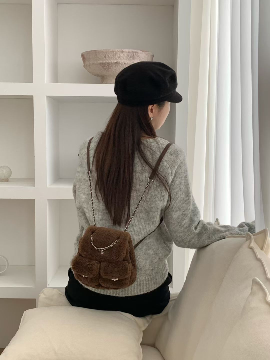 Korean APM Collection Three Colors Shearling Lampwool Backpack(Instock)