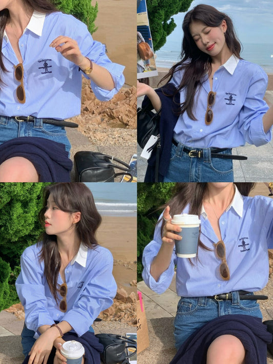 Kelly Designs Retro Contrast Collar Embroidered Oversized Shirt (Instock）