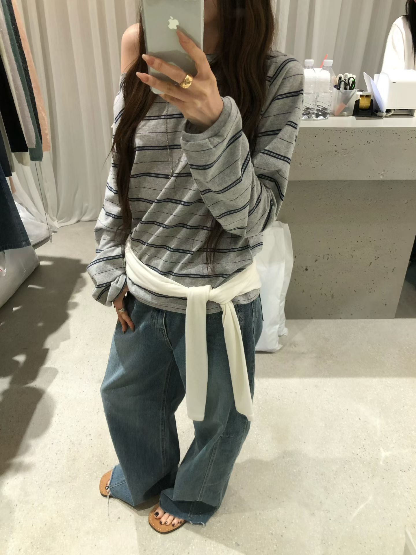 Korean Collection | Off-Shoulder Stripe Long Sleeve Top (Instock)