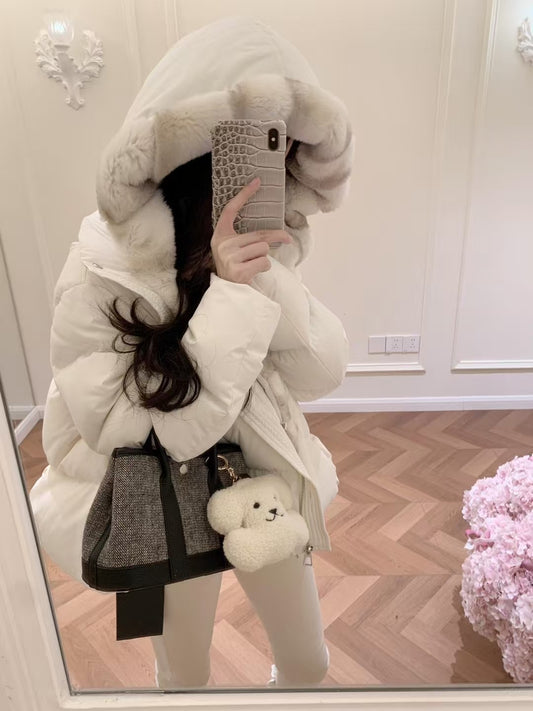 Kelly Designs Goose Down Jacket with Imported Rex Rabbit Fur Hood – Elegant & Ultra Warm-Black/White (Instock)