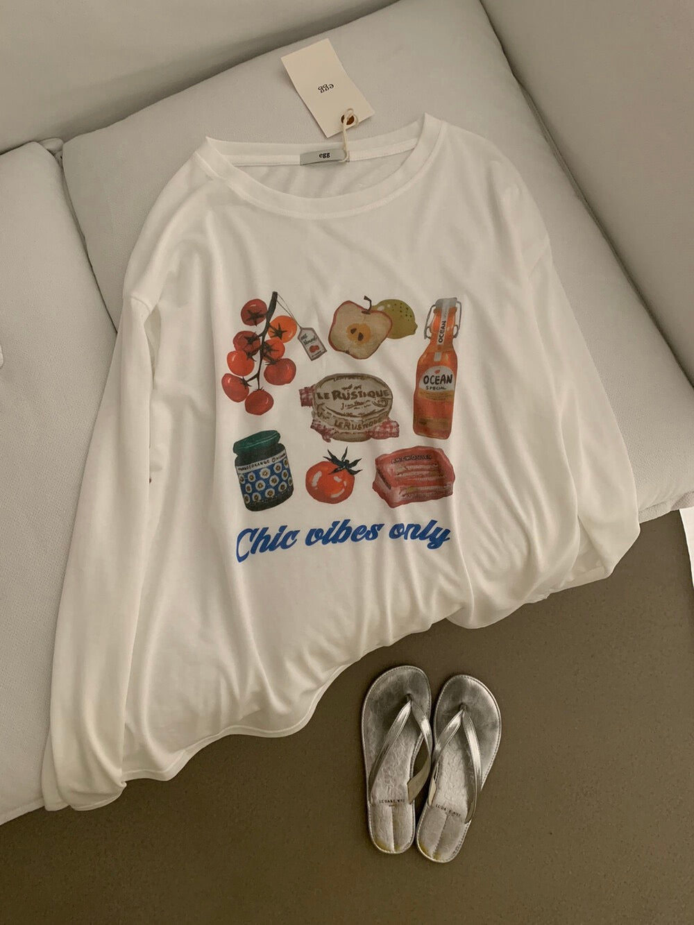 Kelly Designs Casual Graphic Sun Shirt – Groceries Long Sleeve & Blue Shorts (Instock)