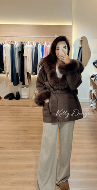 Kelly Designs Fox Fur Brown Wool Coat (Instock)