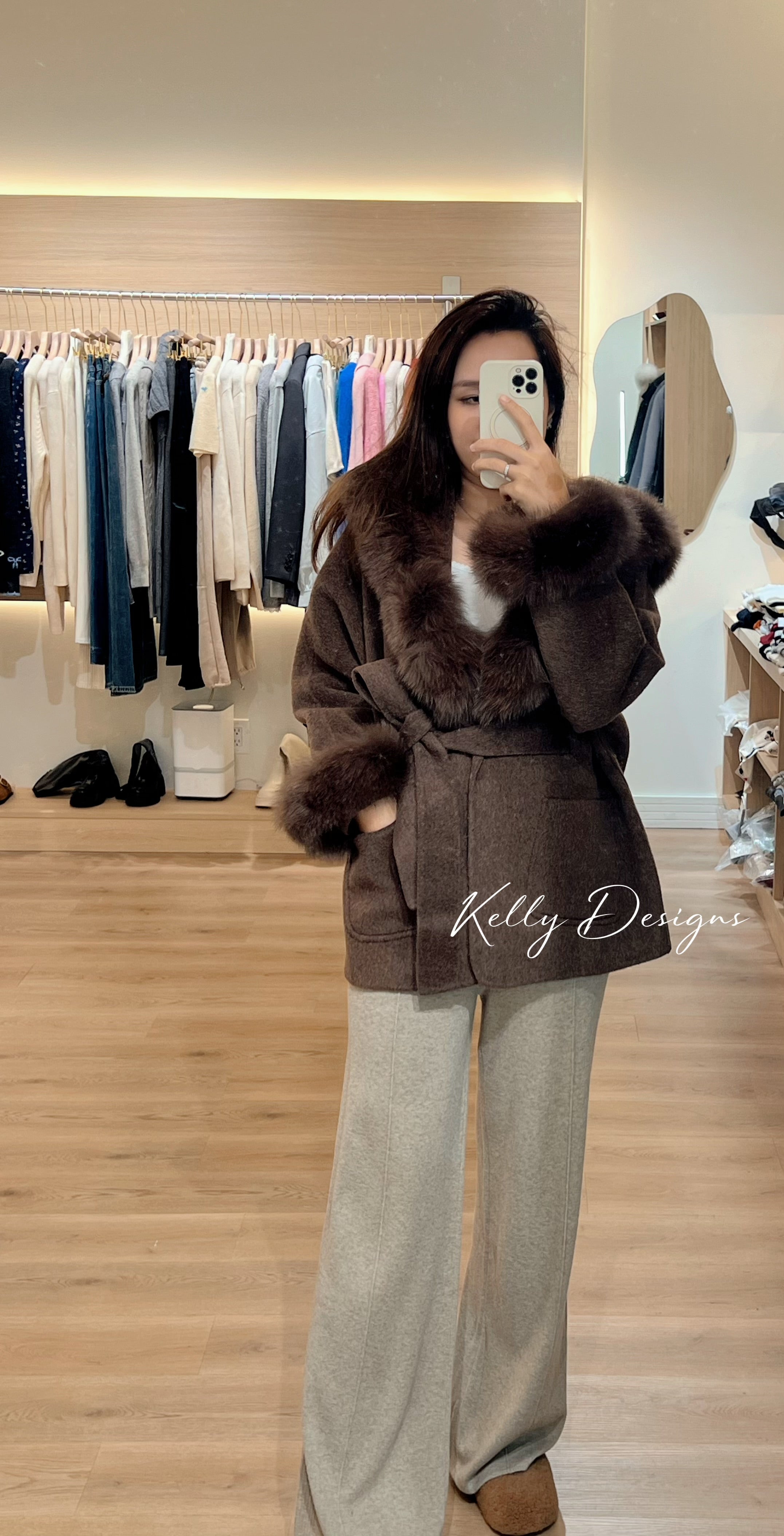 Kelly Designs Fox Fur Brown Wool Coat (Instock)