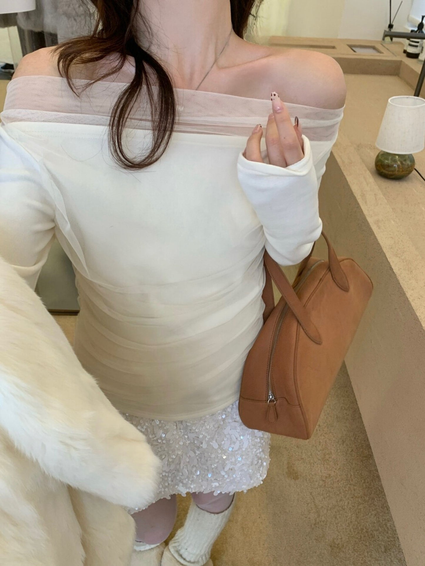 Kelly Designs Off-Shoulder Mesh Ruched Long Sleeve Top (Light Fleece) (Instock)