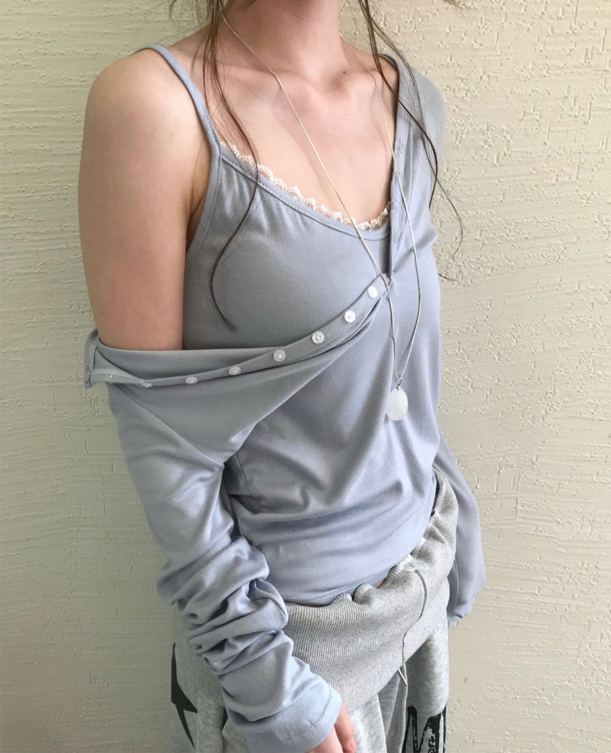 Korean Lace Cami & One Shoulder Button Top Set (Instock)