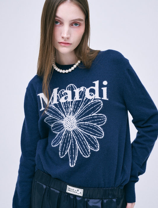 Mardi Mercredi CASHMERE CREW NECK FLOWERMARDI_NAVY IVORY(Instock)