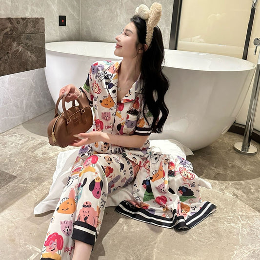 Kelly Designs Animal Ice Silk Pajamas – Short Sleeve & Long/Short Pants 3pcs Set (Instock)