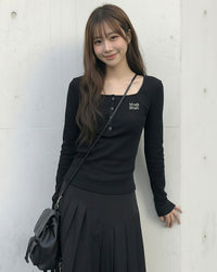Korean Muah Muah Square Neck Henley Ribbed Long Sleeve Top (Instock)