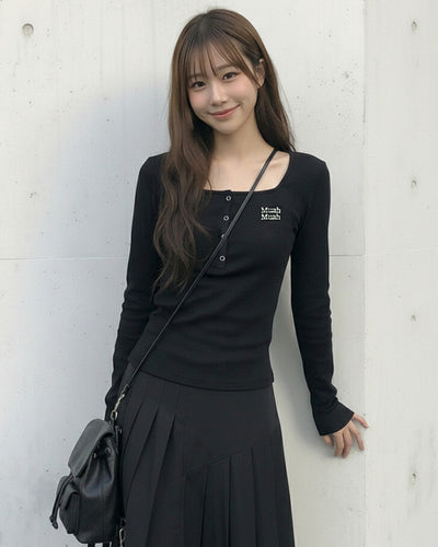 Korean Muah Muah Square Neck Henley Ribbed Long Sleeve Top (Instock)