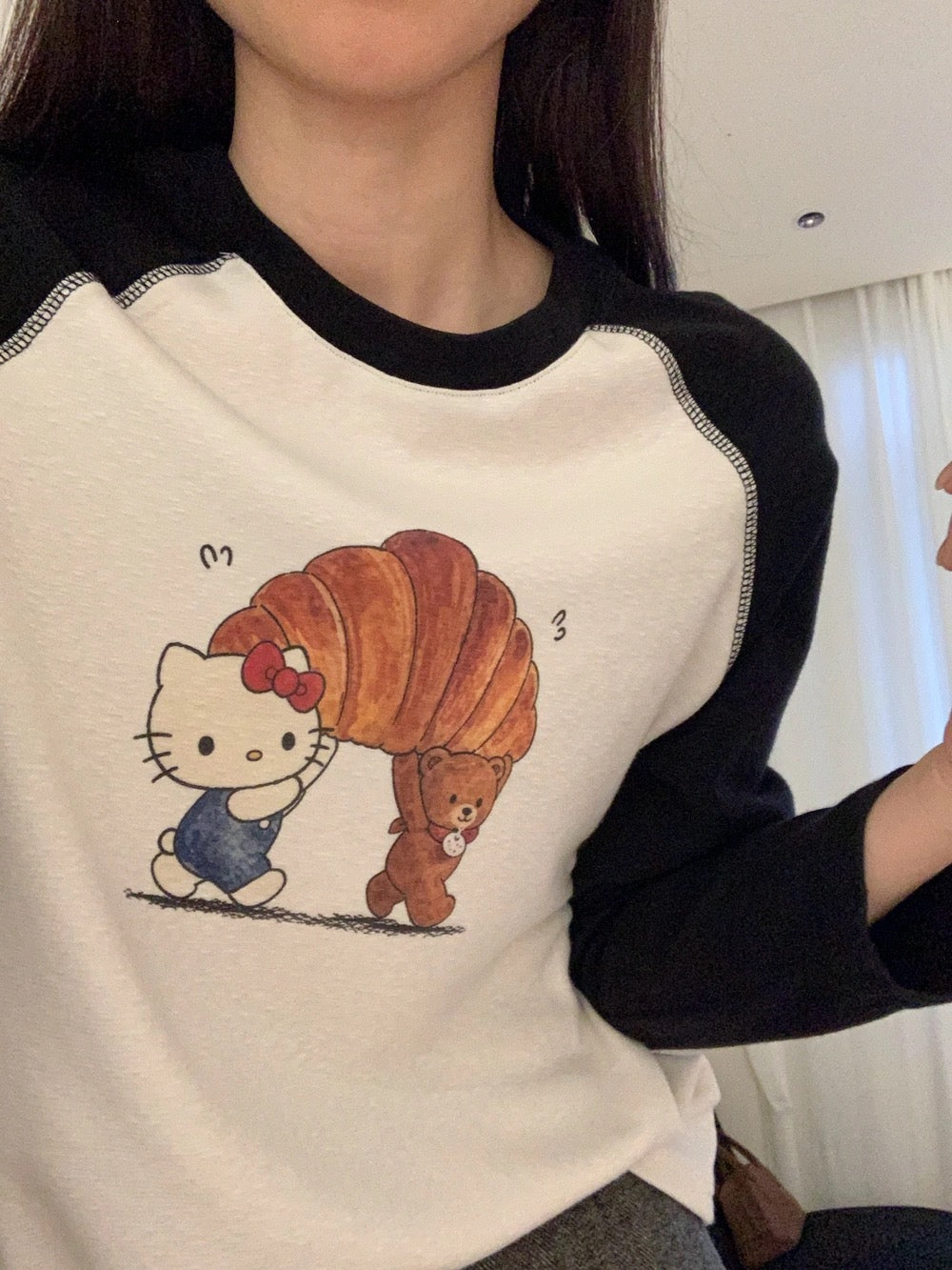 Kelly Designs Hello Kitty Croissant Graphic Raglan Tee – Black & Cream (Instock)