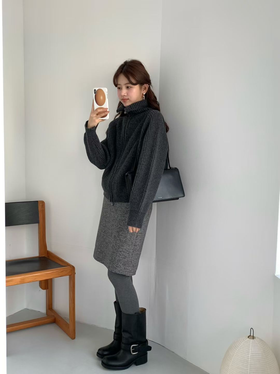 Korean APM Collection EGG PREMIUM CASHMERE SUPER FINE MERINO WOOL Zip Up Charcoal Cardigan (Instock)