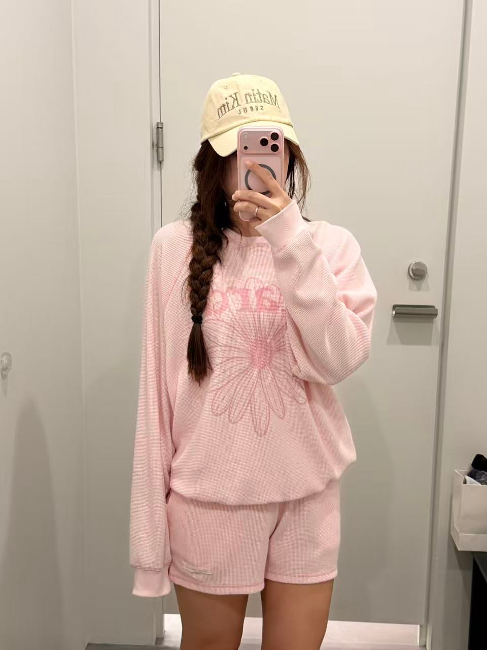 Mardi Mercredi WAFFLE SWEATSHIRT OFF SHOULDER FLOWERMARDI_PINK PINK  (Preorder)