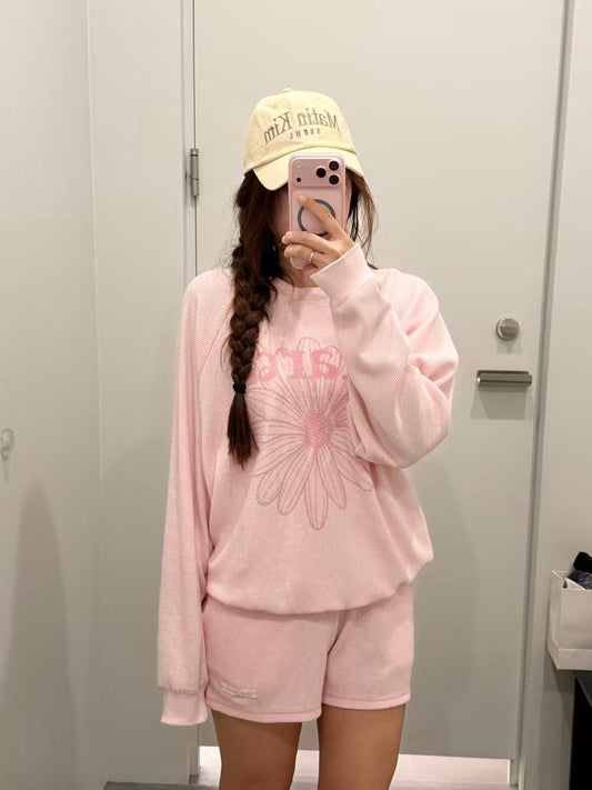 Mardi Mercredi WAFFLE SWEATSHIRT OFF SHOULDER FLOWERMARDI_PINK PINK  (Preorder)