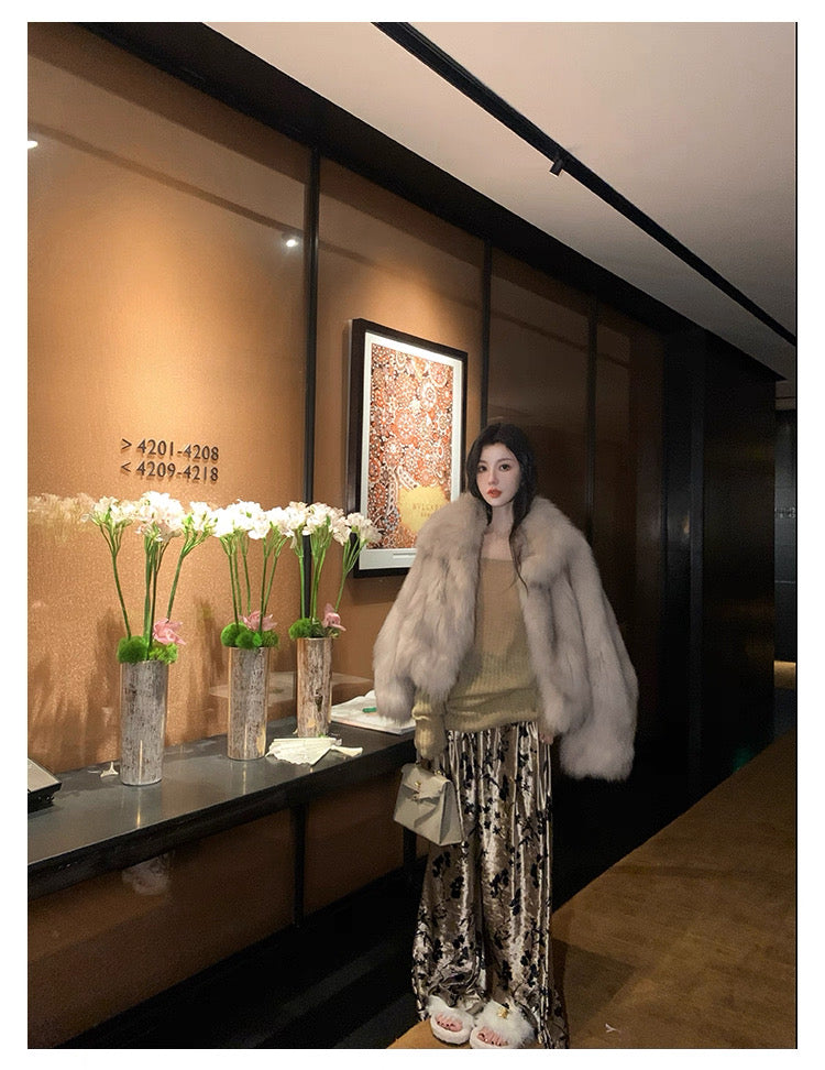 Kelly Designs Taupe Fox Fur Jacket with High Neck (Instock)