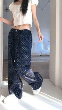 Korean ROBE:L Navy Polka Dot Wide-Leg Pants (Instock)