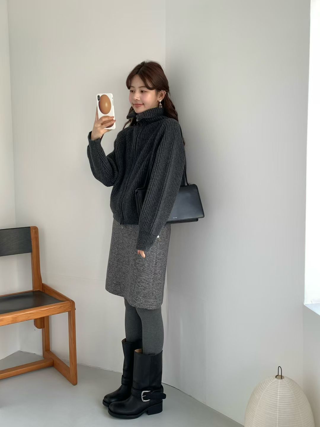 Korean APM Collection EGG PREMIUM CASHMERE SUPER FINE MERINO WOOL Zip Up Charcoal Cardigan (Instock)