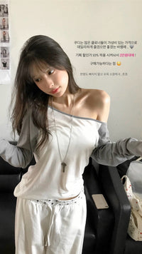 Korean Asymmetric Off-Shoulder Contrast Long Sleeve Top - 4 Colors (Instock)