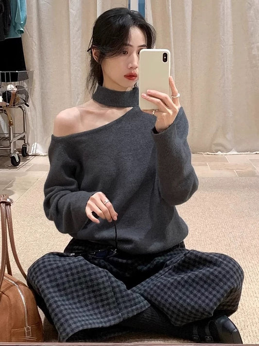 Kelly Designs Off-Shoulder Knit Grey Sweater with Detachable Choker – Polyester (Instock)