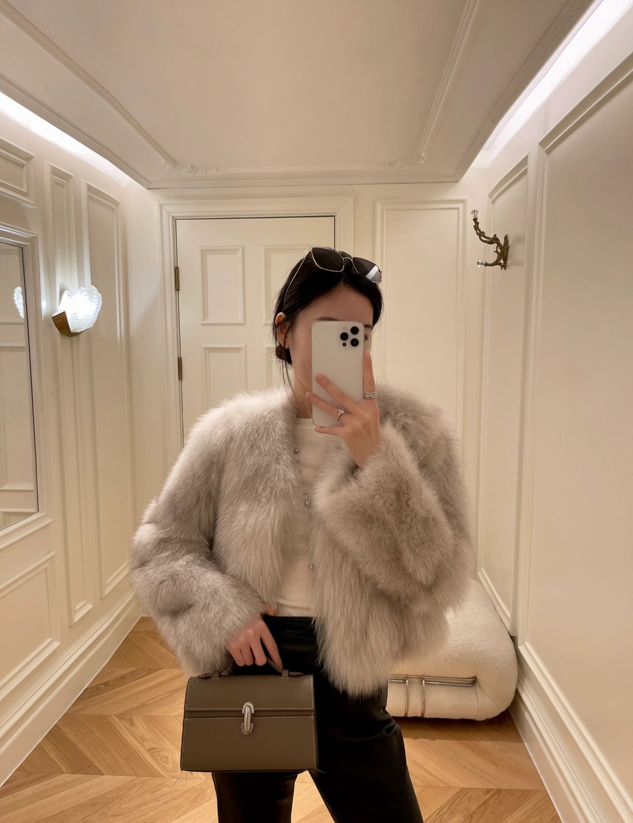 Kelly Designs Grey Brown Fox Fur V Neck Jacket (instock)