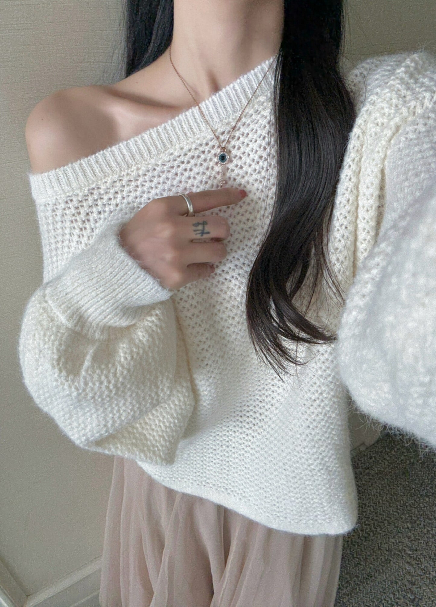 Kelly Designs Off-Shoulder Knit Sweater with Back Ribbon Tie & Khaki Skirt (Instock)