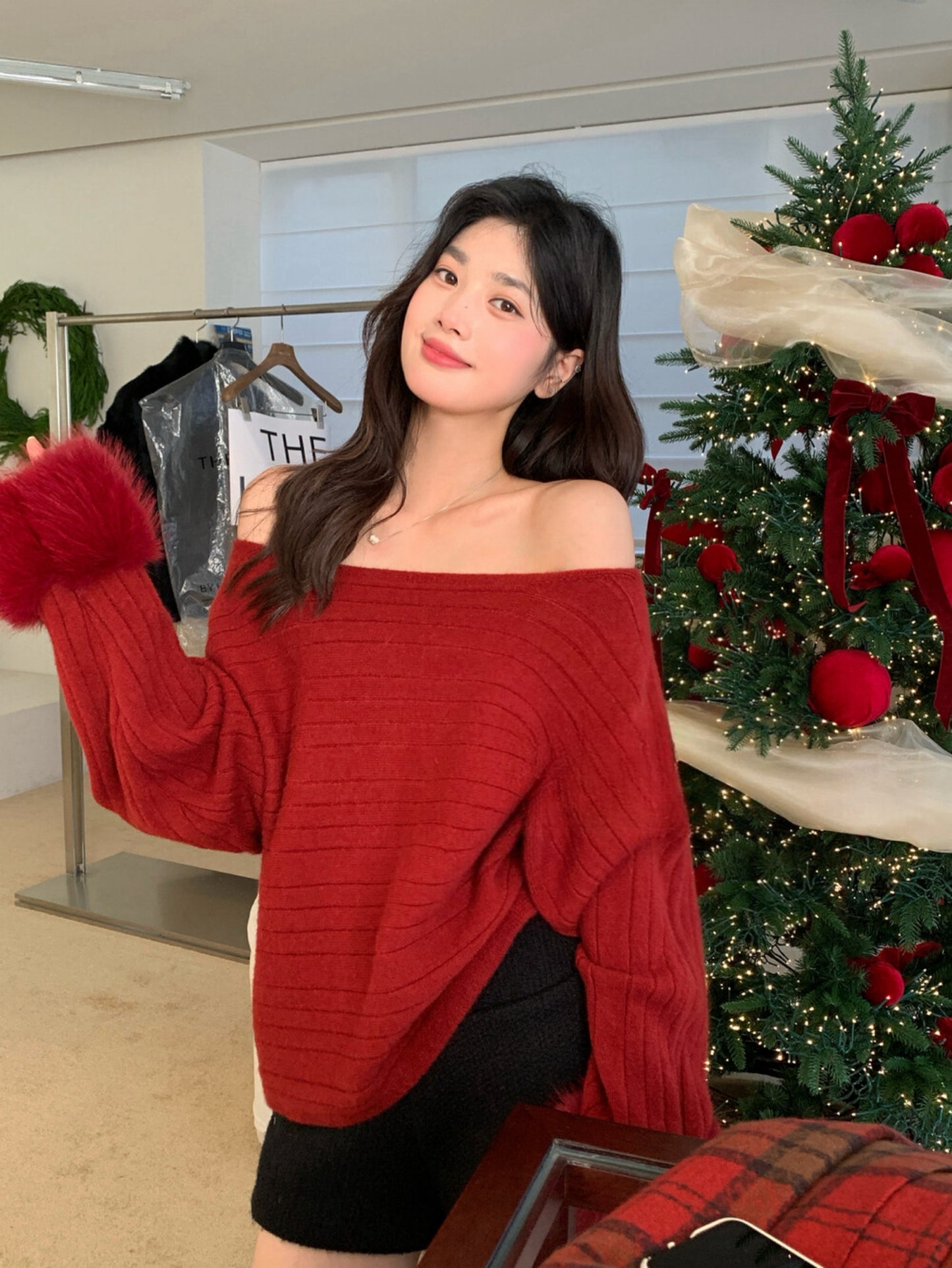 Kelly Designs  French-Inspired Off-Shoulder Knit Sweater with Fur Cuffs (Instock)