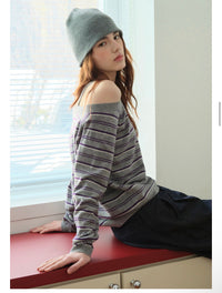Rolarola Stripe Off Shoulder Strap Knit Top – Gray (Instock)