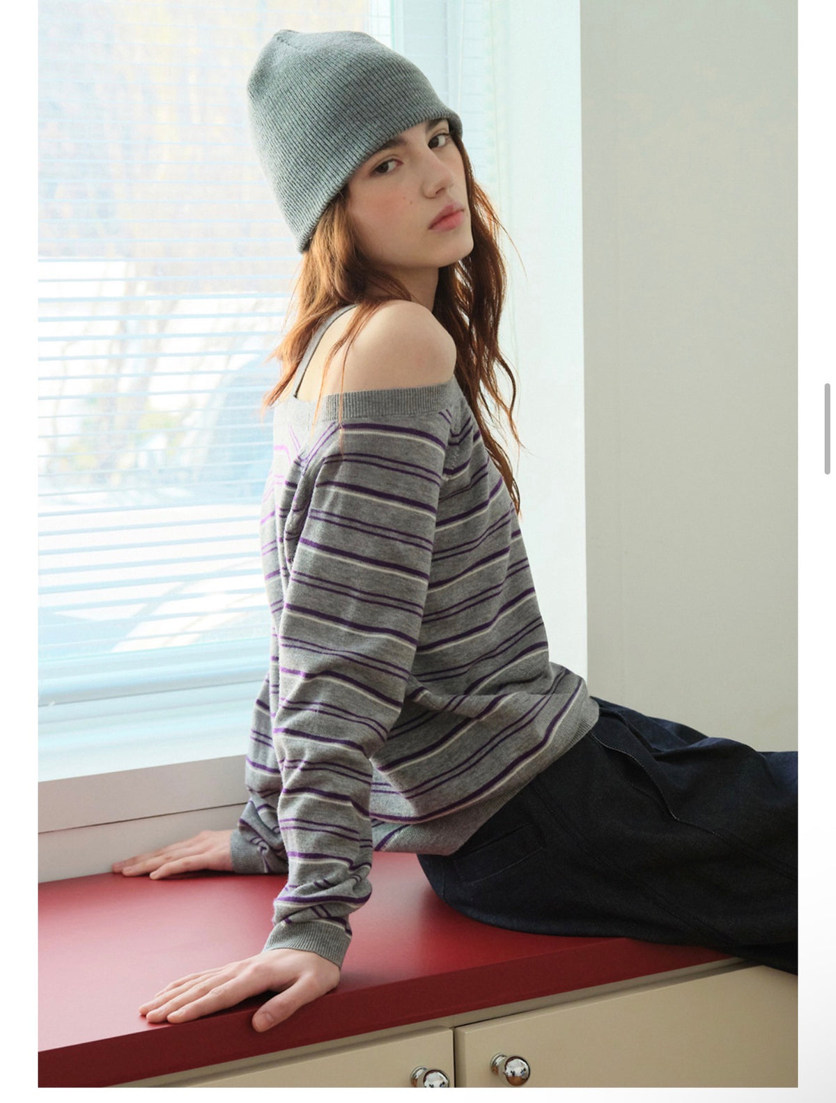 Rolarola Stripe Off Shoulder Strap Knit Top – Gray (Instock)