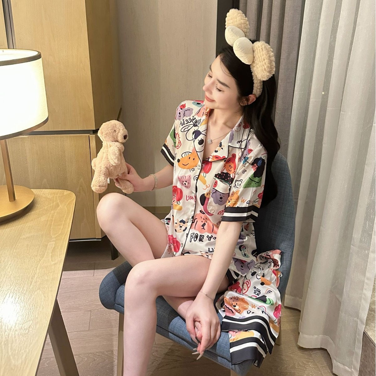 Kelly Designs Animal Ice Silk Pajamas – Short Sleeve & Long/Short Pants 3pcs Set (Instock)