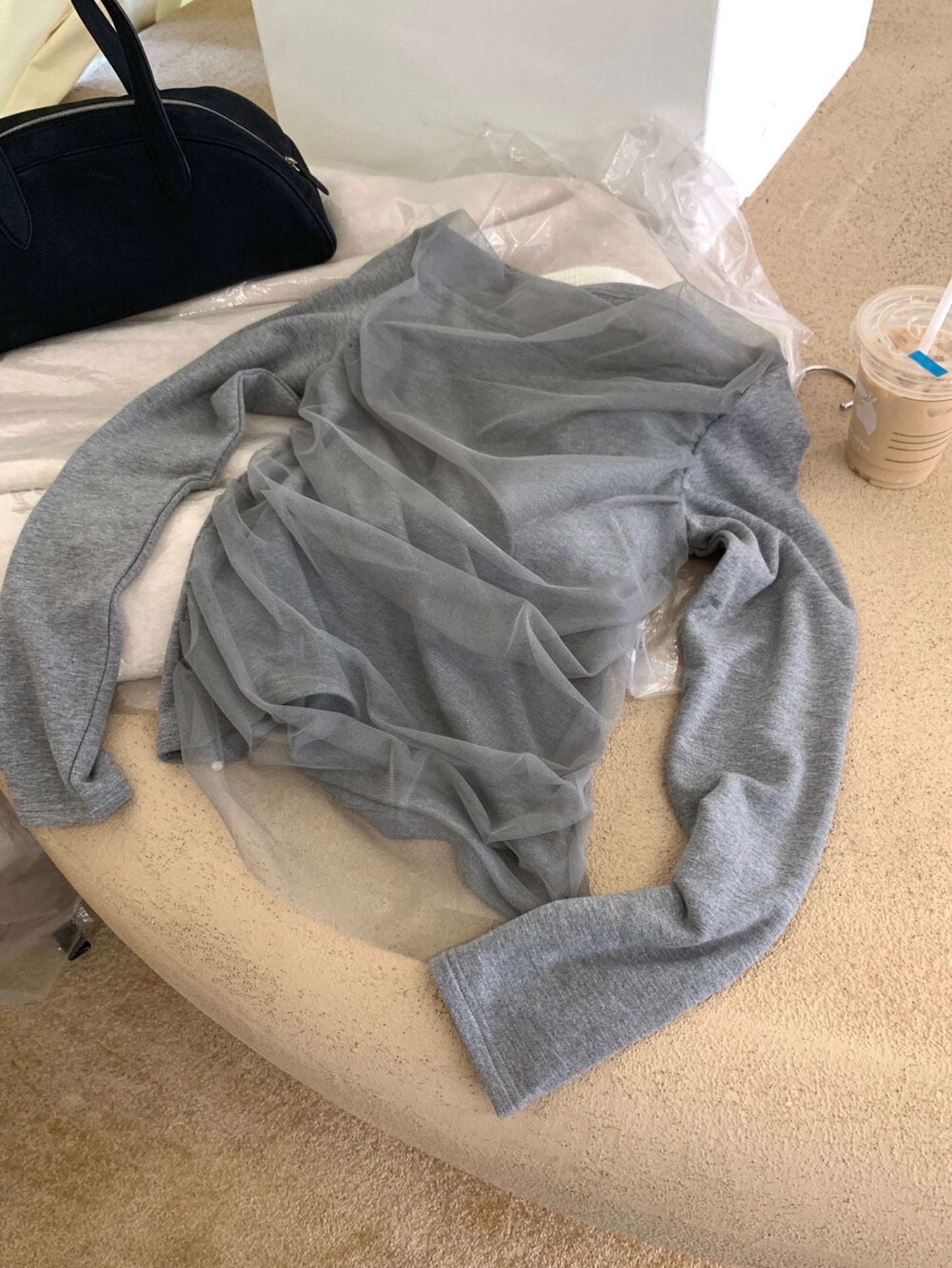 Kelly Designs Off-Shoulder Mesh Ruched Long Sleeve Top (Light Fleece) (Instock)