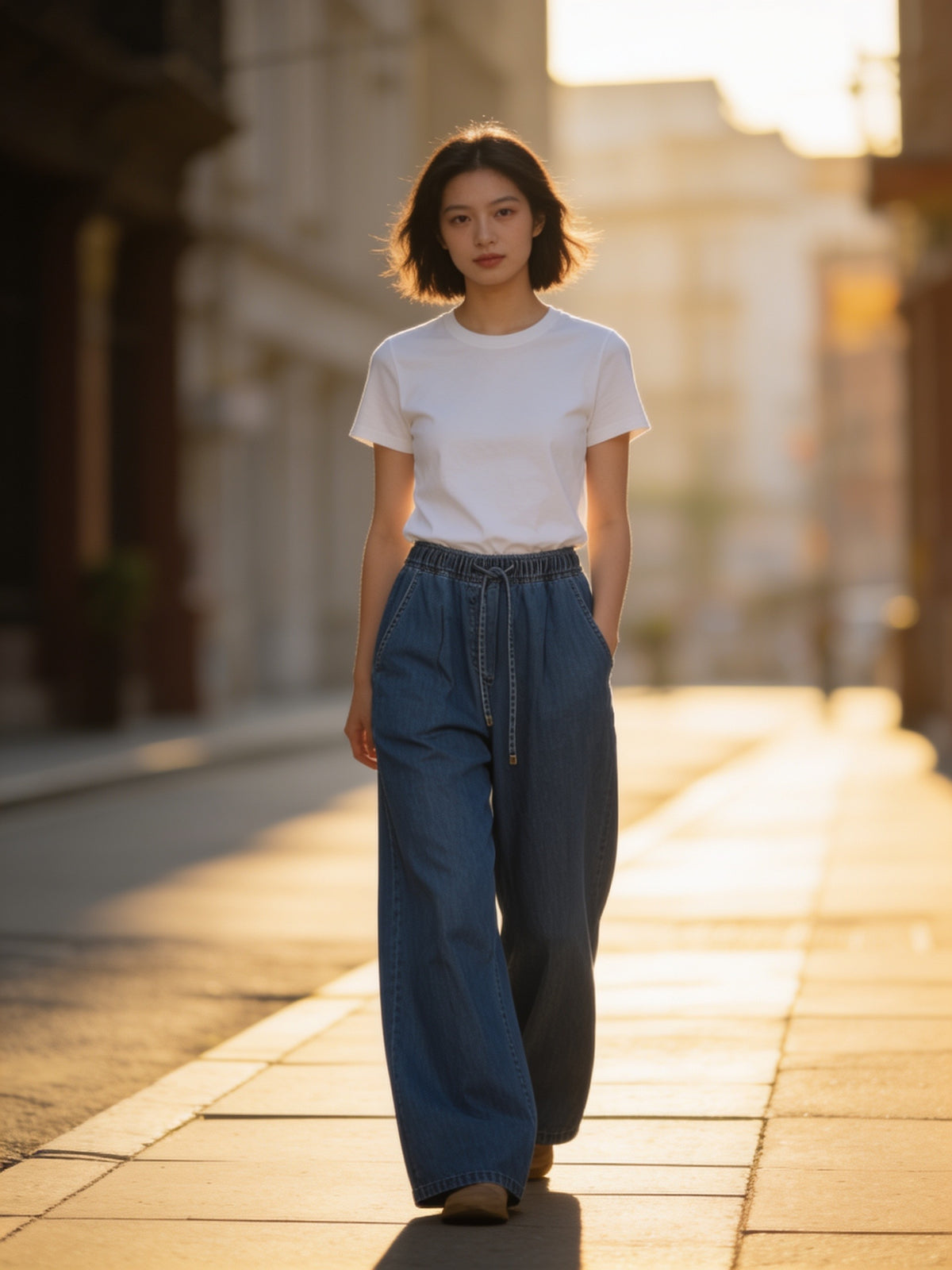 Korean APM Collection Tencel Denim Drawstring Wide-Leg Pants (Instock)