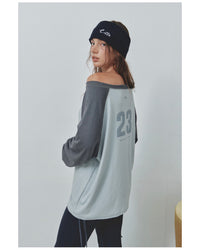 Korean CITTA Number 23 Raglan Off-Shoulder T-Shirt - Light Grey (Instock)