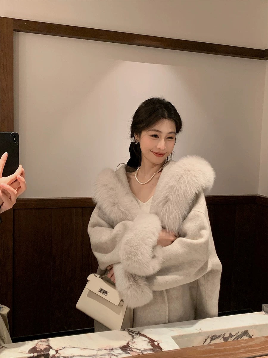 Kelly Designs Fox Fur Wool Oatmeal Coat (Instock)