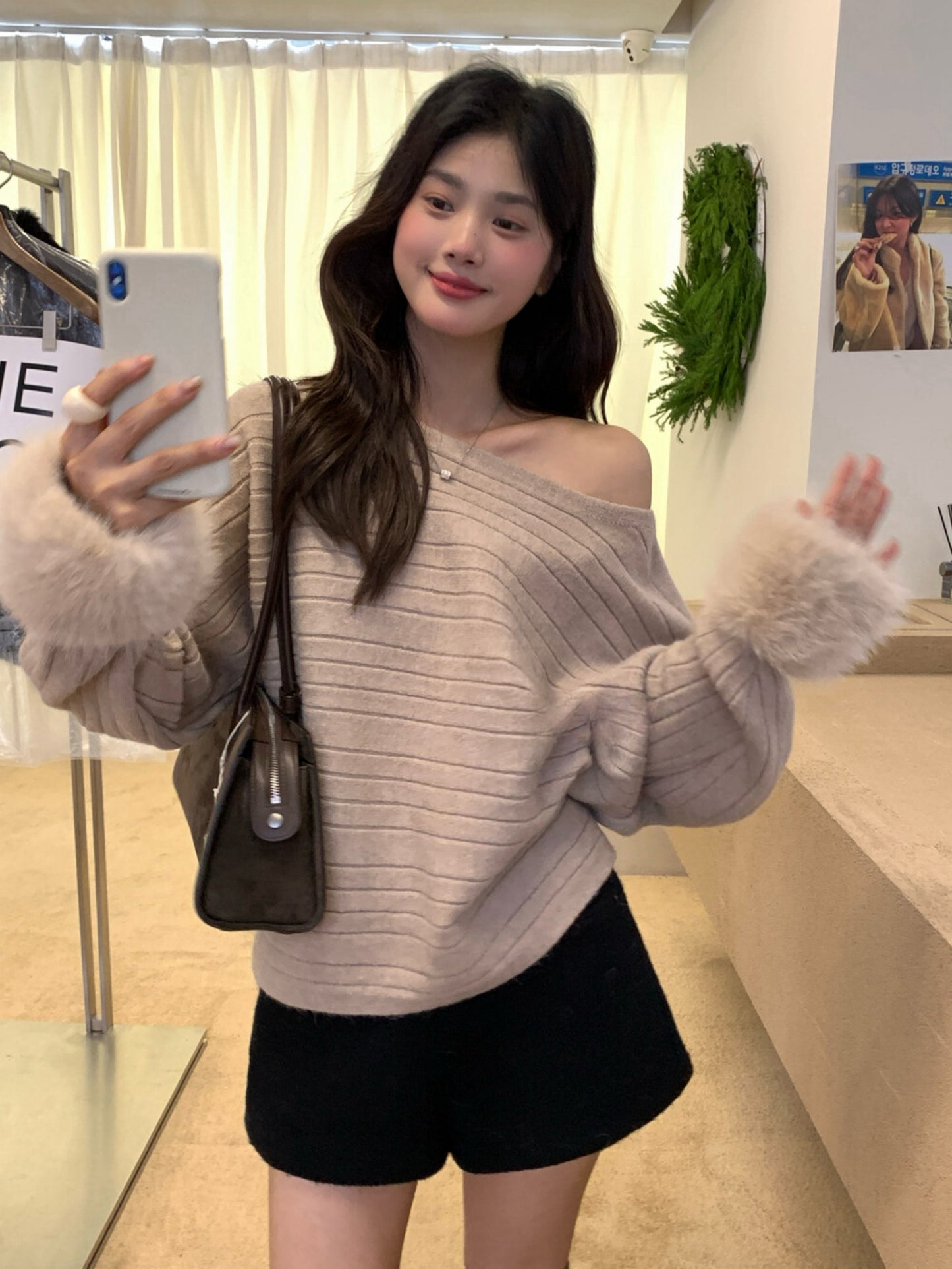 Kelly Designs  French-Inspired Off-Shoulder Knit Sweater with Fur Cuffs (Instock)