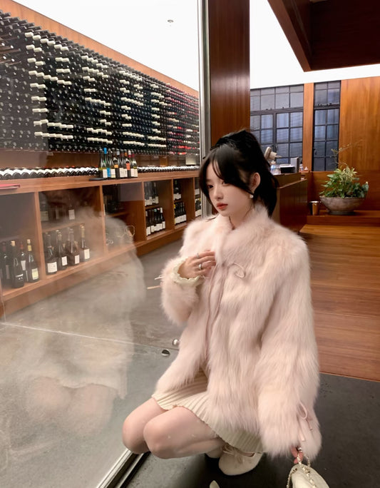 Kelly Designs Pink Fox Fur Coat with Bow Detail (Instock)