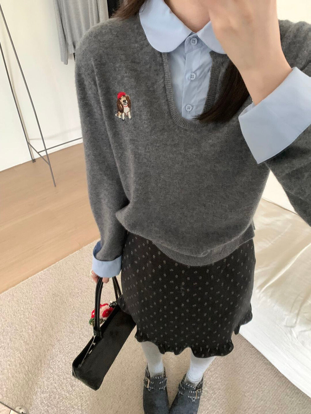 Kelly Designs Puppy Embroidery Wool Layered Fake 2pcs Sweater (Instock)