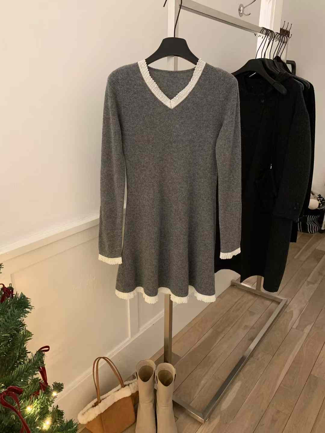 Kelly Designs V Neck Wool Grey Dress (Instock)