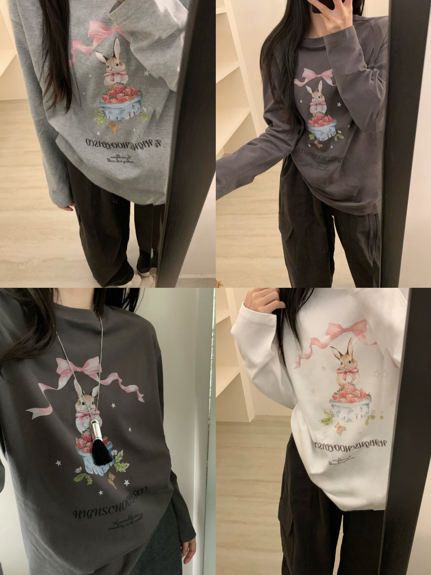 Kelly Designs Brushed Cotton Long-Sleeve Tee – Bow Strawberry Bunny Print (Instock)