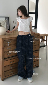 Korean ROBE:L Navy Polka Dot Wide-Leg Pants (Instock)