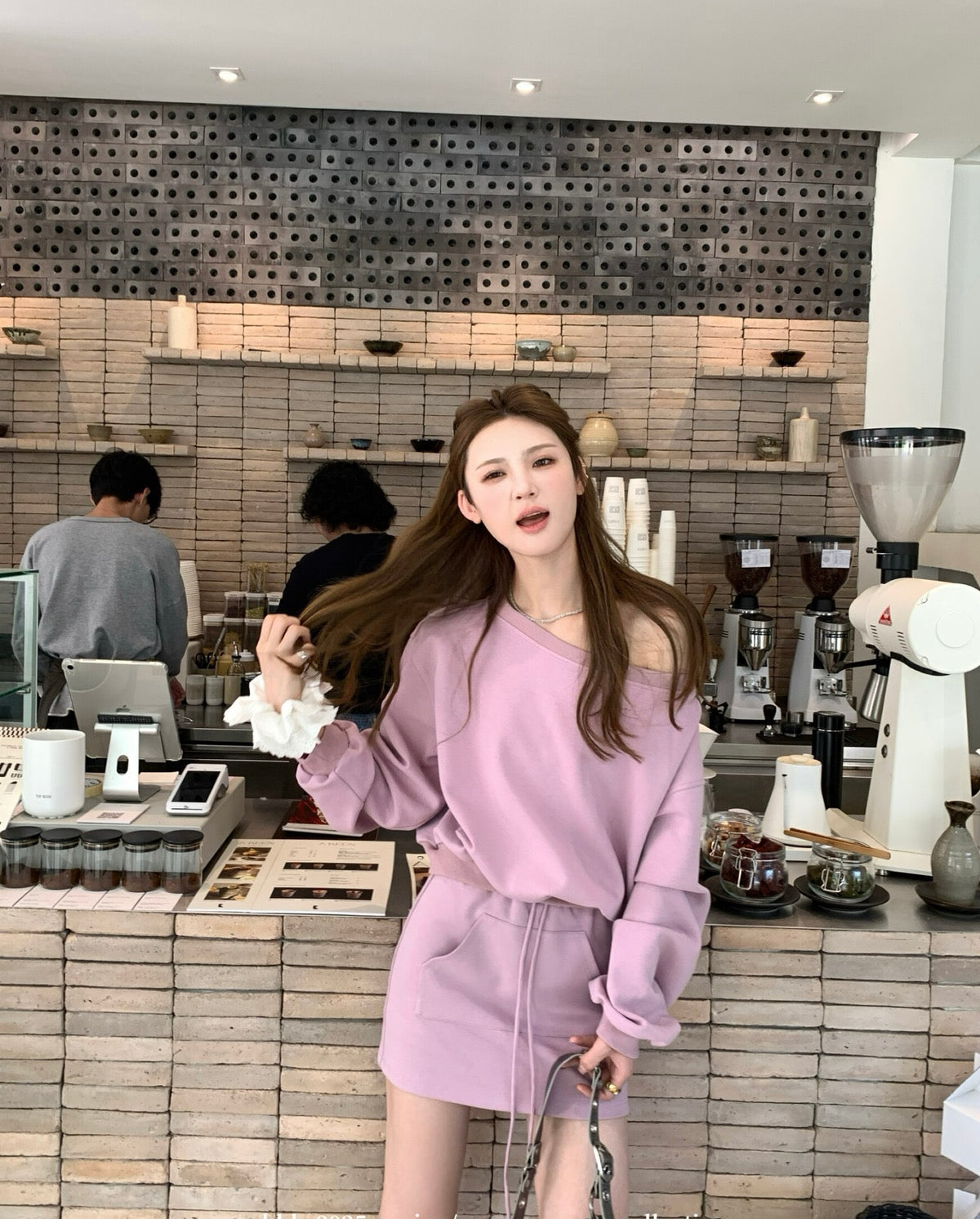 Kelly Designs Off-Shoulder Sweatshirt & Shorts Set - Purple/Beige (Instock)