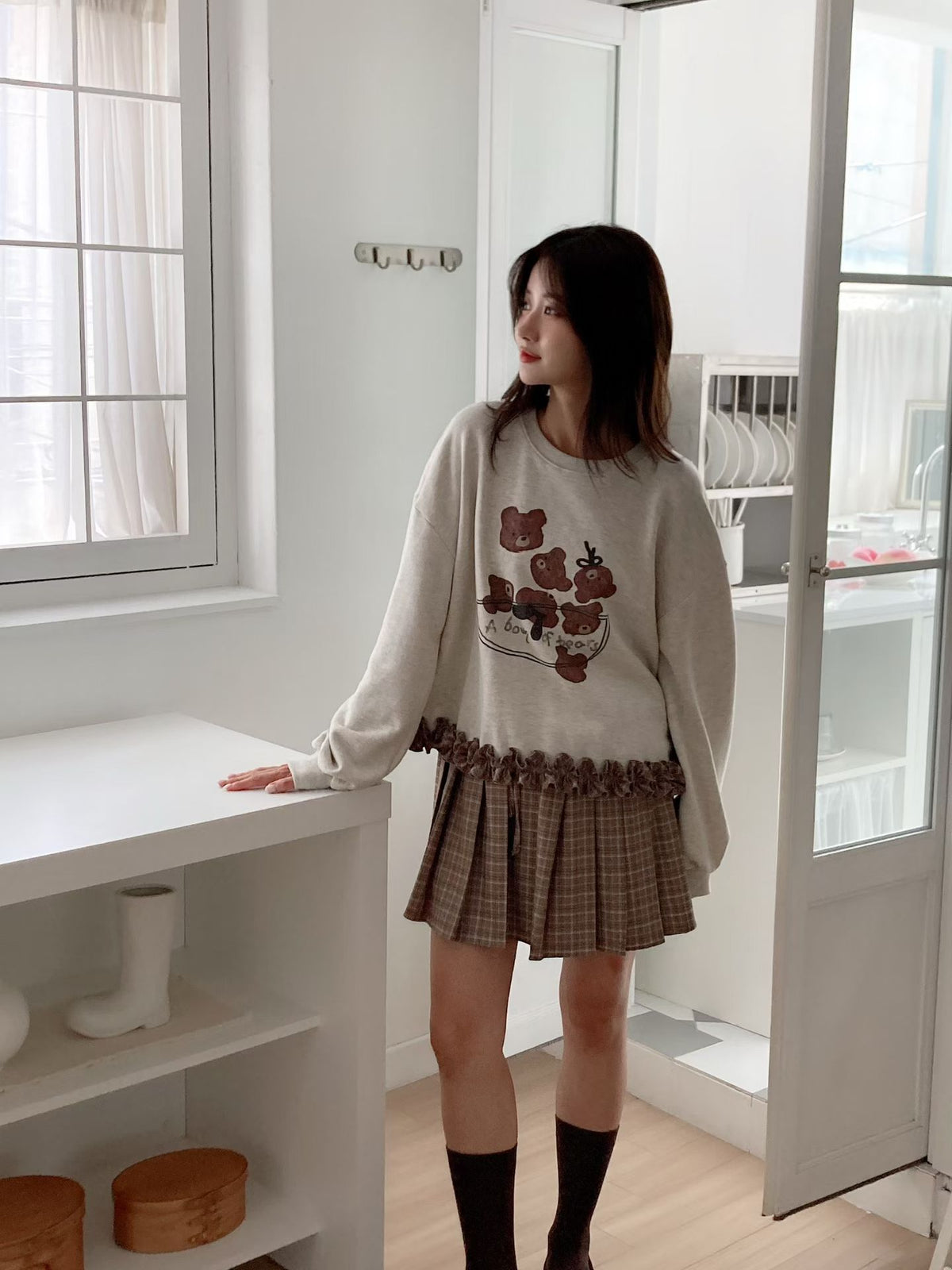 Korean Collection Bear Ruffle Hem Sweatshirt - 2 Colors (Instock)