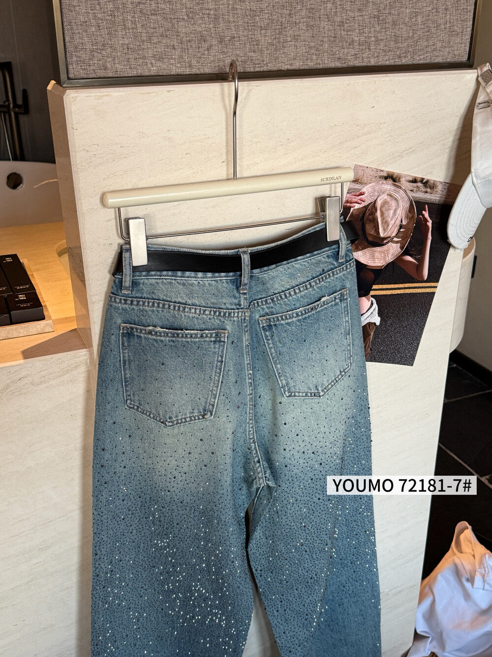 Kelly Designs Rhinestone Wide-Leg Jeans with Belt – Vintage Blue (Instock)